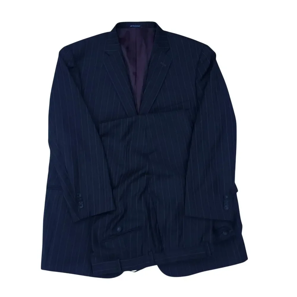 Hart Schaffner Marx 2pc Suit Blue Wool Pinstripe Jacket 48R 53x30.5 Pant 41x27